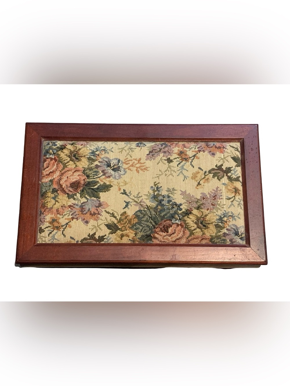 Vintage Wood Jewelry Box With Floral Tapestry Lid